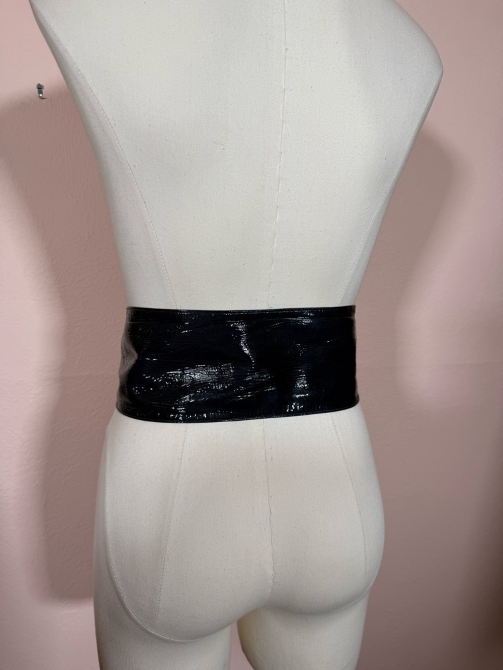 Vintage 1970's Modernist Silver bamboo Navy Blue Paten Leather Corset Wide Belt - Picture 13 of 17